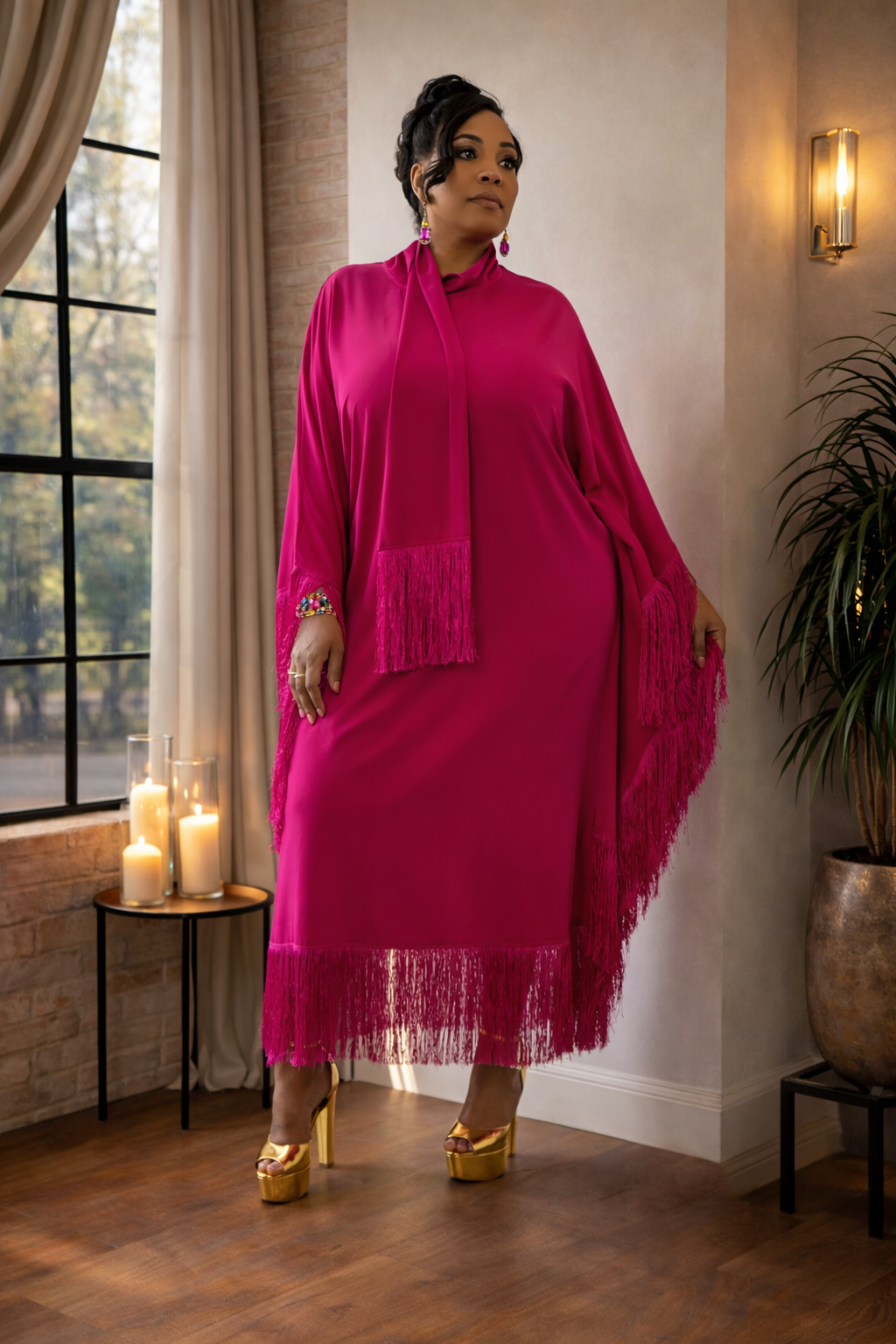 LUXE FRINGE KAFTAN-Fuschia