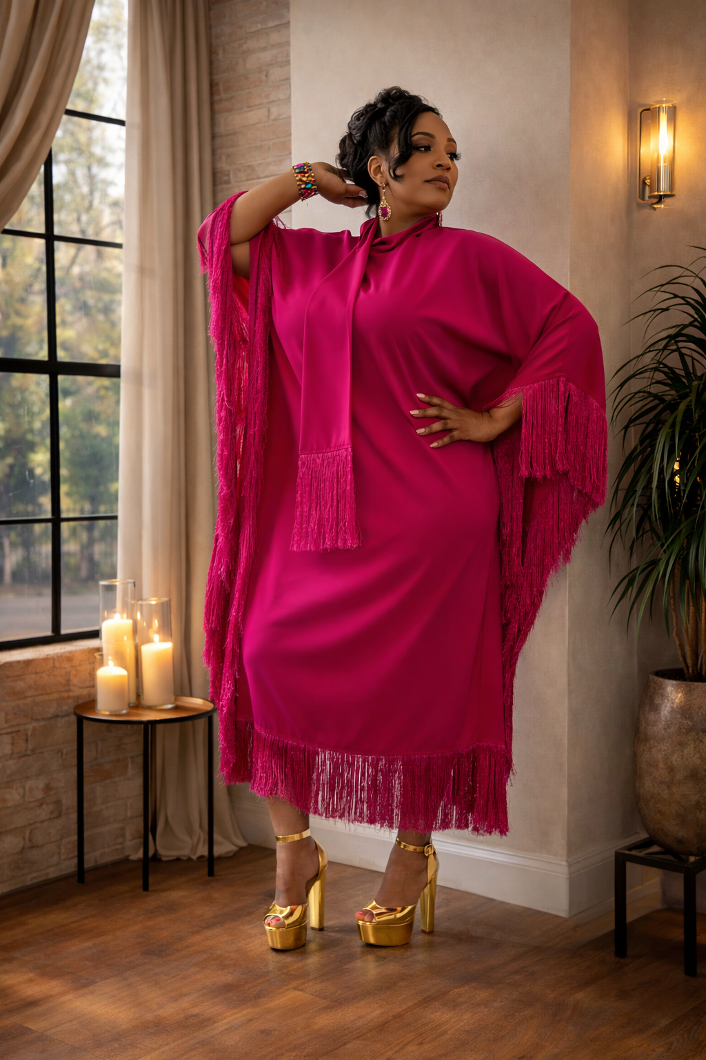 LUXE FRINGE KAFTAN-Fuschia