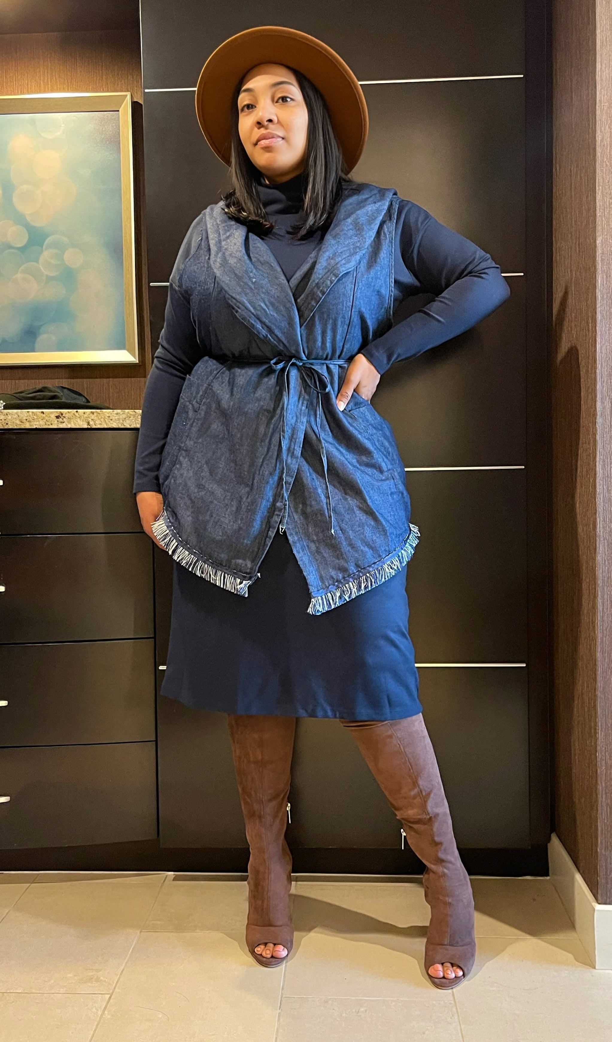 Basic T-Neck Knit Dress-Blue - Modest Vybez Boutique