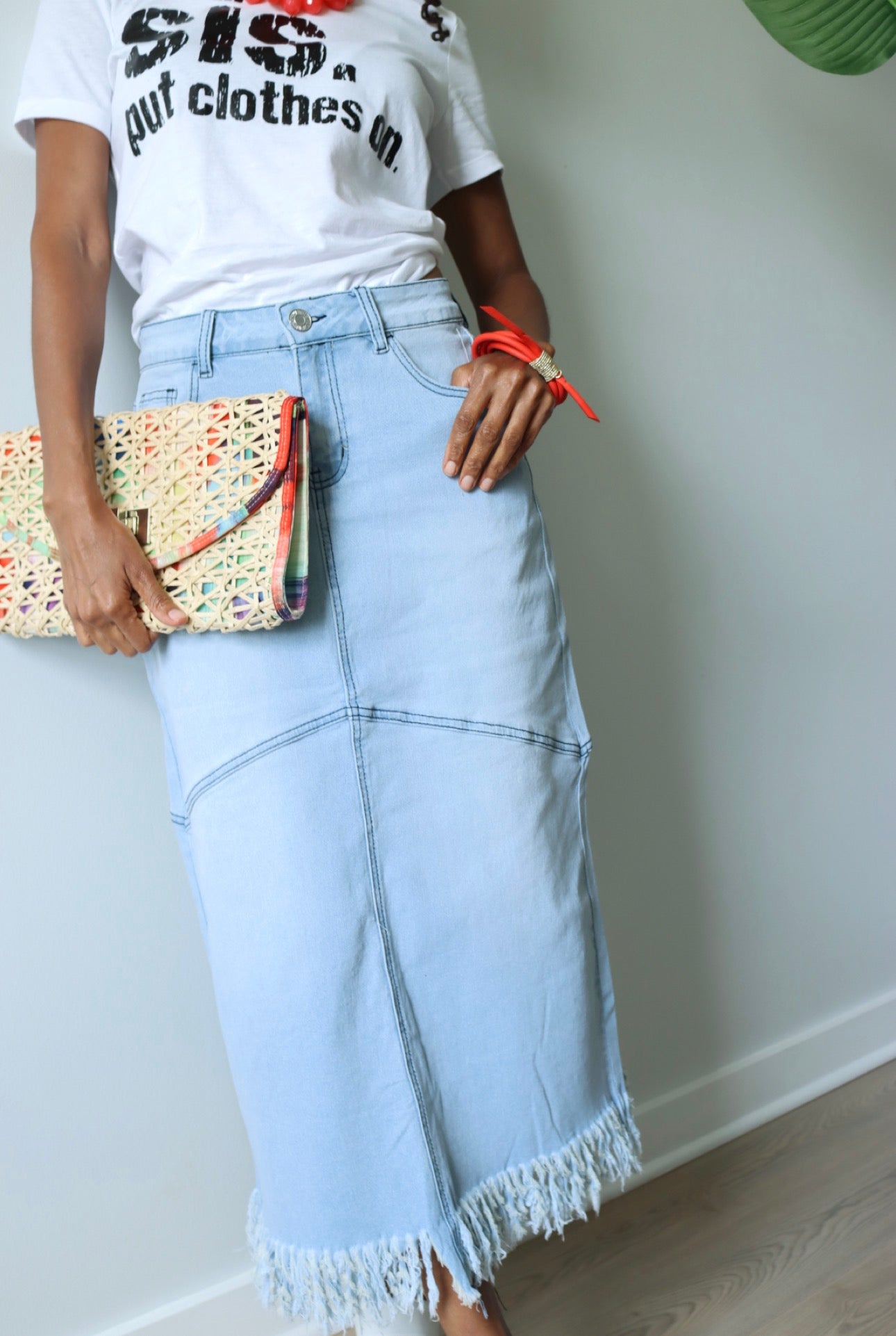 FRINGED DENIM MIDI