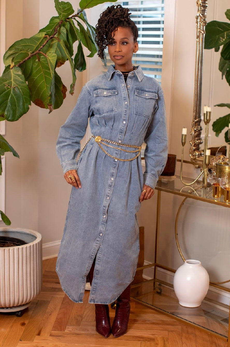 CINCHED DENIM MIDI