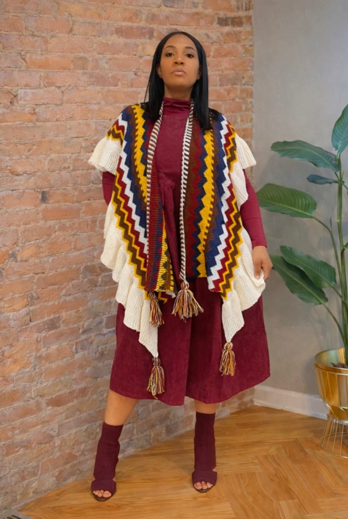 AZTEC CAPE PONCHO-Burgundy