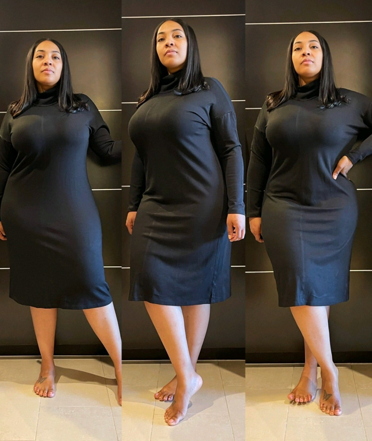 Basic T-Neck Knit Dress-Black no - Modest Vybez Boutique