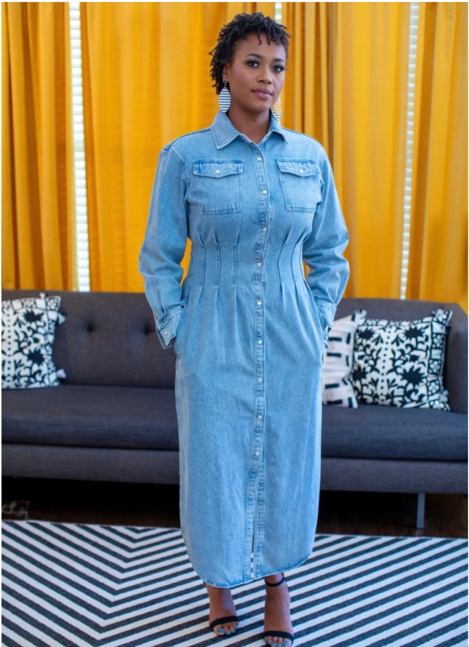 CINCHED DENIM MIDI