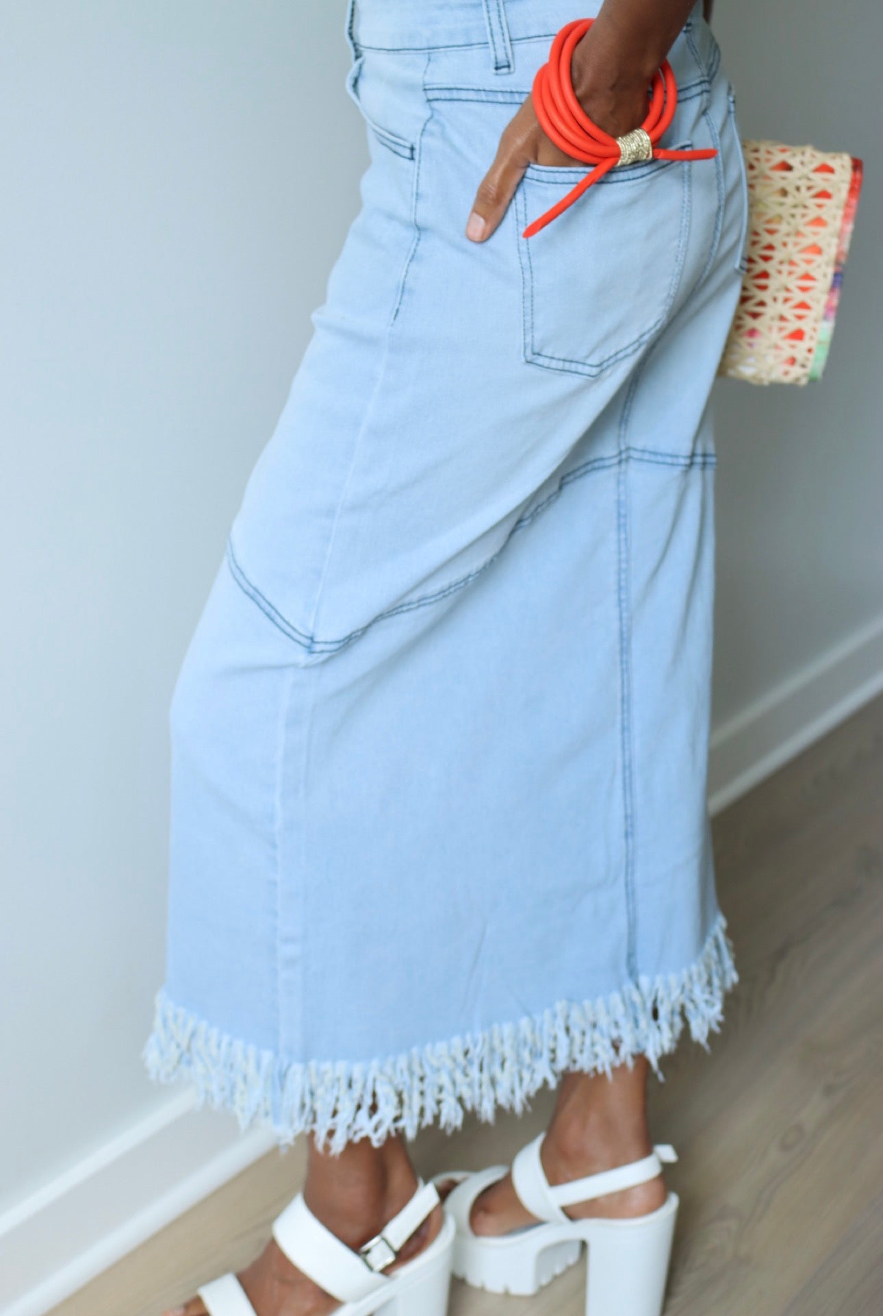 FRINGED DENIM MIDI