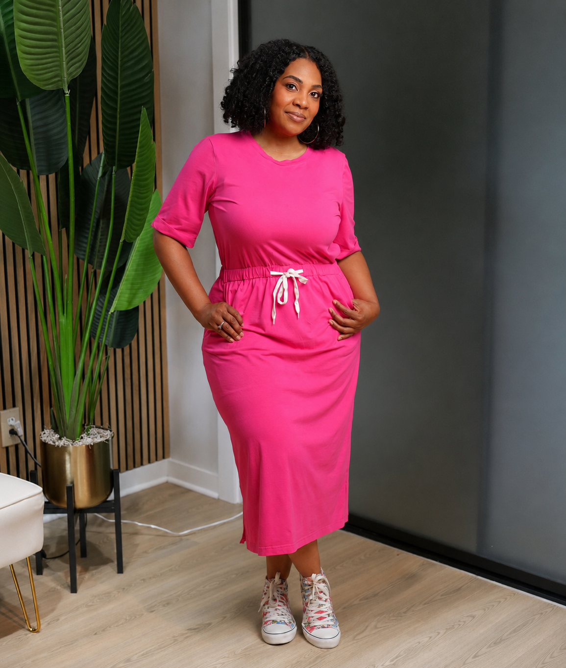 DRAWSTRING MIDI DRESS-Pink